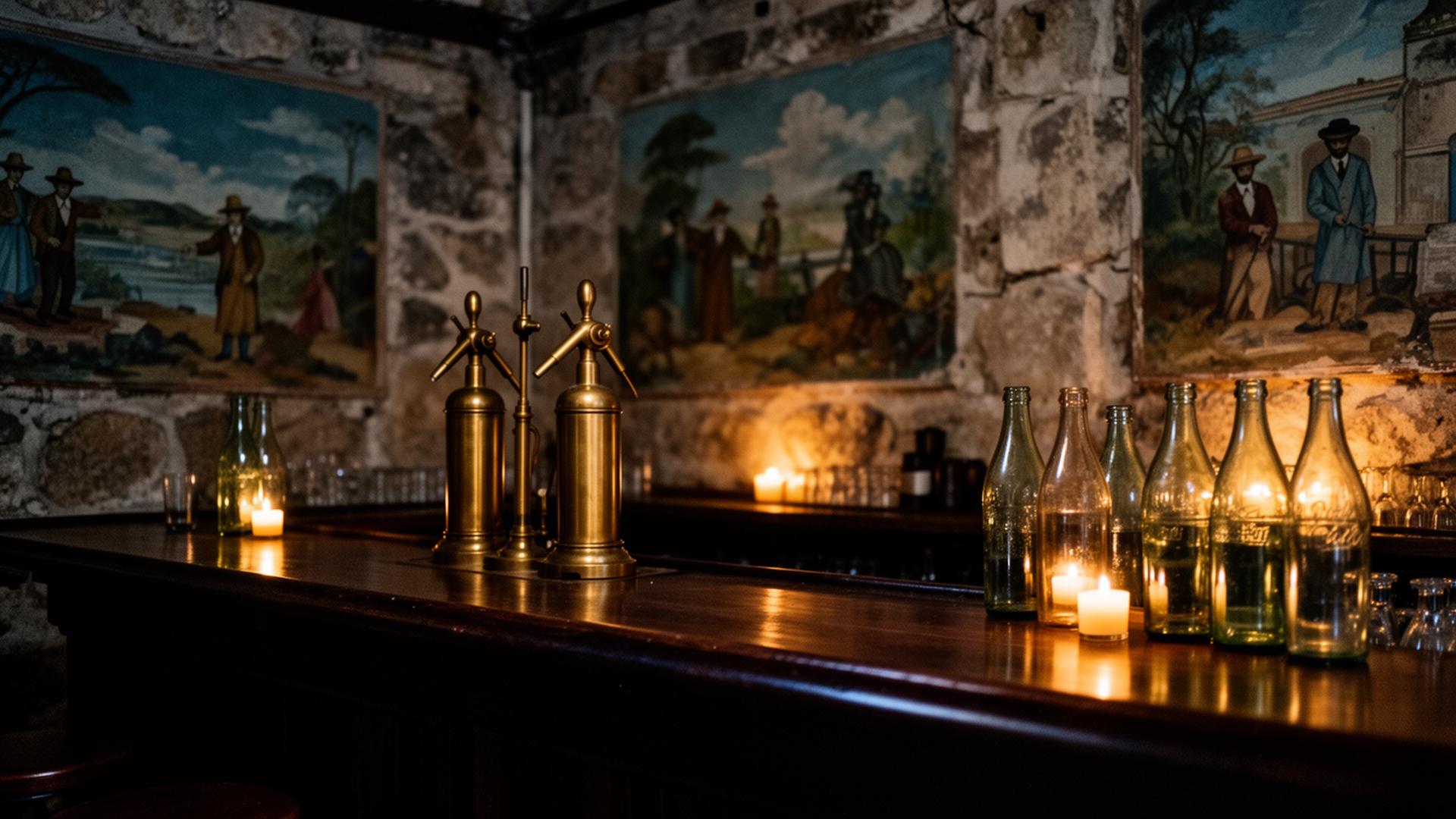 Interior of Antiguo 26 with antique siphons and amber light